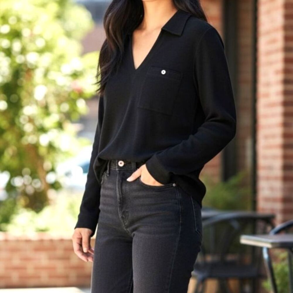 NWT Lilla P Black Cotton Modal Casual Collared V-Neck Long Sleeve Top Size Large
